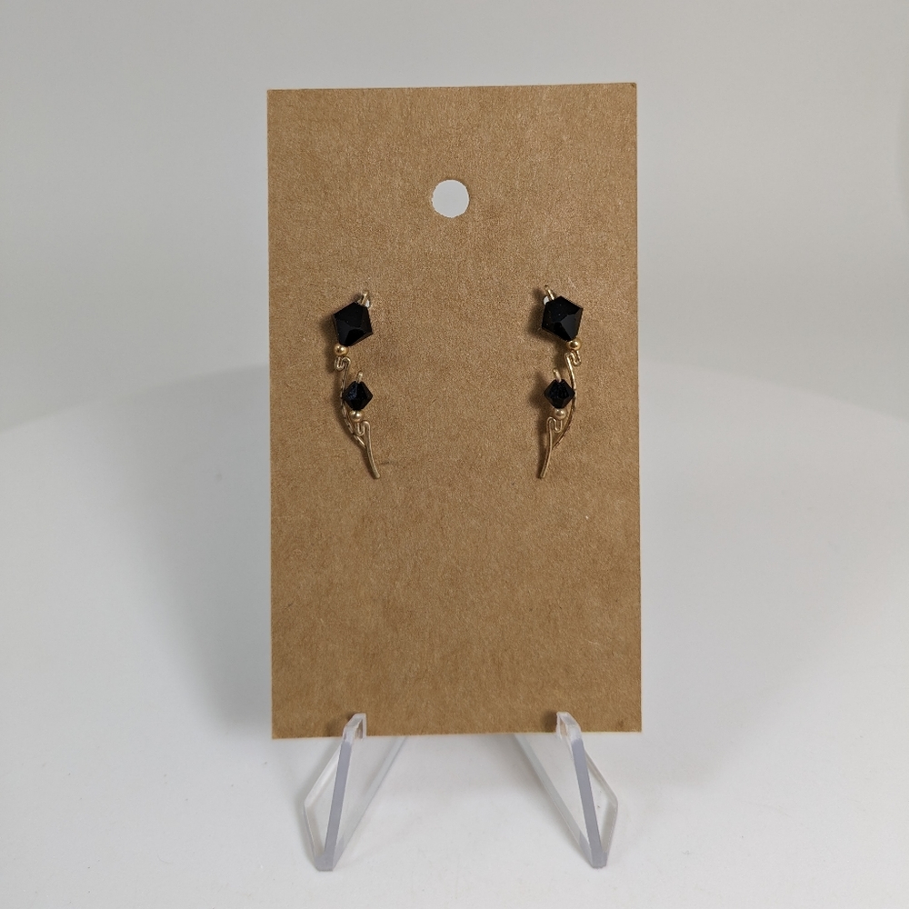 Gorgeous Gold Black Onyx Earrings, Beaded Ear Vines,Gemstone Jewelry, Gift Idea